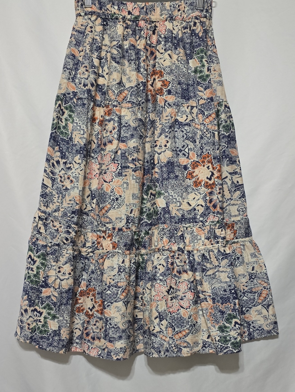 MOON RIVER Patchwork Floral Tiered Maxi Skirt Blue Cream Ruffle Smocked S
